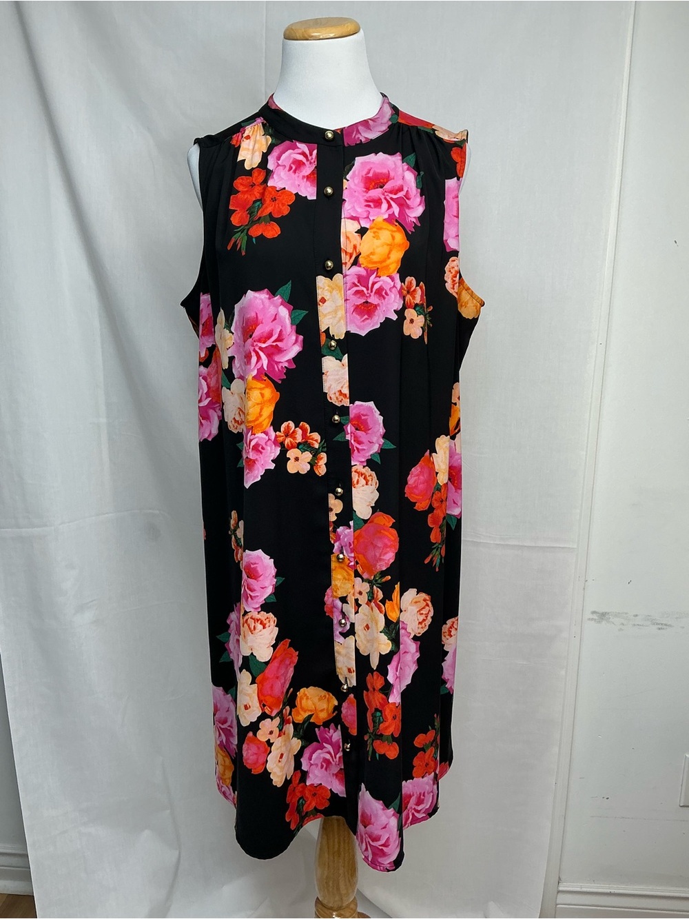 2075 -Calvin Klein Black Sleeveless Midi Dress with Pink and Orange Floral Print